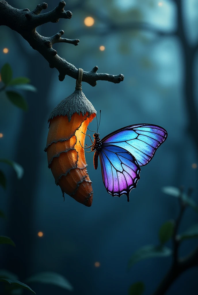 . Breaking Through the Darkness: "A delicate butterfly emerging from a cracked and worn cocoon hanging on a gnarled tree branch, representing transformation and renewal. The butterfly's wings are a vibrant mix of blues and purples, shimmering in the soft, early morning light. The background is a dimly lit forest with hints of mist, creating an atmosphere of mystery and depth. The image captures the moment of breaking free, symbolizing the struggle and beauty of personal growth and the courage to embrace change."