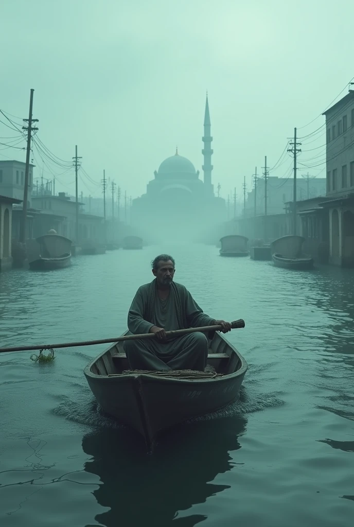 Ony man boat in the flood to the mosque