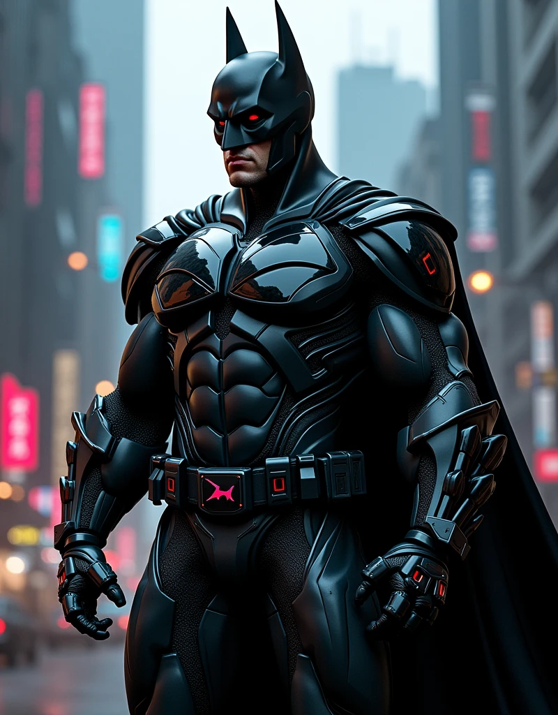 Batman DC UNIVERSE super hero black glossy futuristic neon lights suit with Armor muscler body cyberpunk