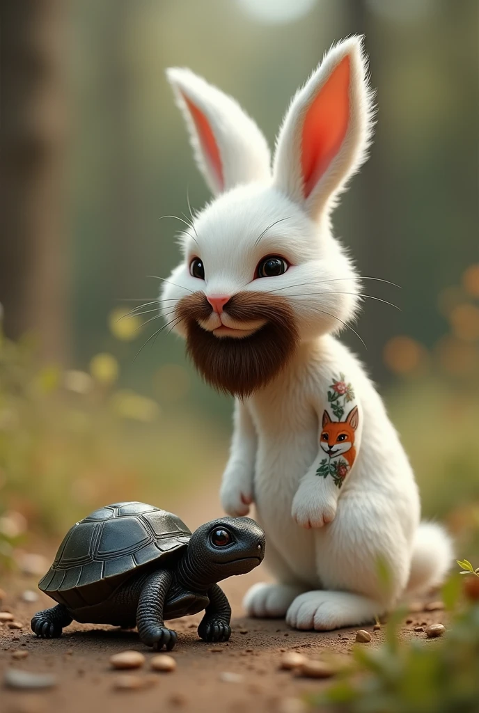 Minuscule tortue noire avec les pieds blancs à côté d'un grand lapin blanc et mince avec une belle barbe et une moustache marron et un tatouage de renard sur le bras