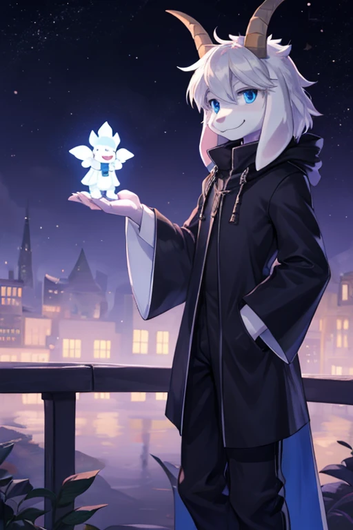 a boy, alone, Asriel, Undertale, smiling, blue Eskimo coat, tall, furry, blue eyes, black blouse with sleeves, dark pants, goat paw, paw with metacarpal, rabbit tail, hair, bangs on the right side.