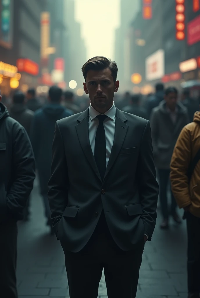 A man standing alone in crowd place