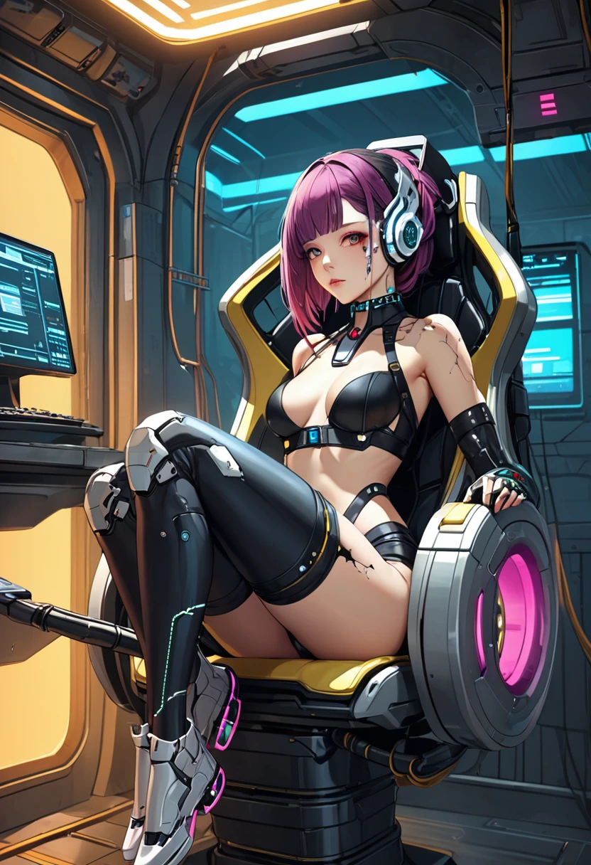 Cyborg Girl, Sitting in a machine chair, The tube is stretched, cyber punk, Cracked skin