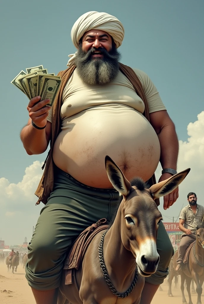 Taliban leader, big white afghan turban, old and broke T-shirt, huge bearded, dirty face, laughing loudly, very very huge belly, very extremely thin legs, holding large bundles of dollars with belly, standing on smiling donkey