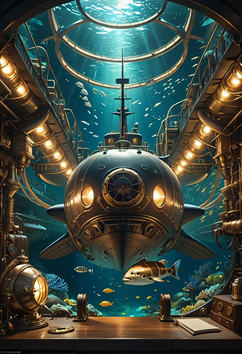 detailed illustration of a submarine, the Nautilus, underwater, old-fashioned science fiction, a captain with a white beard, a handsome man, intricate brass and copper details, glowing lights, high quality, photorealistic, dramatic lighting, cinematic composition, vibrant colors, steampunk aesthetic, incredible detail, highly realistic, 8k