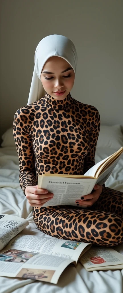 The most beautiful,thin,most pretty and clever thirty two years old Malaysian muslimah adult girl wears sunda clouded leopard print lycra turtleneck unitard catsuit covered with spots.She always wear white clouded leopard print lycra dancewear stretchy square hijab covered with many spots.She sits on the bed and reads a lot of newspapers.