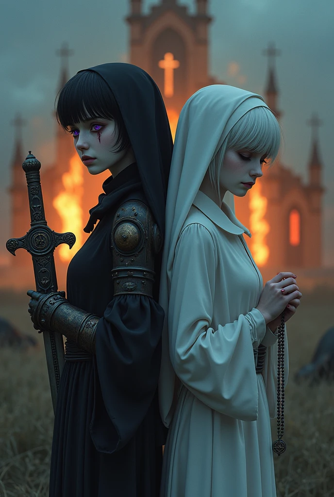 Two pale middle-aged girls back to back with violet eyes, with the one on the left wearing dark alchemist clothes and with the left arm with a steampunk prosthesis holding a dagger with the symbol of Baphomet, short black hair with a cut on the face, and the one on the right in white nun&#39;s clothes holding a rosary with closed eyes and long white hair with a church in flames behind at nightfall.