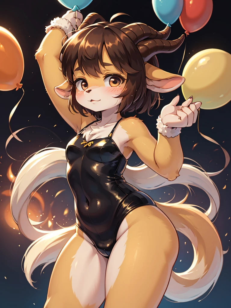 childish satyr girl , dancing with balloon , coquettish , Cunning , Fascinating , Seducer , Naughty , innocent , Free-spirited , moist eyes , glossy lips , childish clothes , childish hair tie , Wonderful days , Show secretly