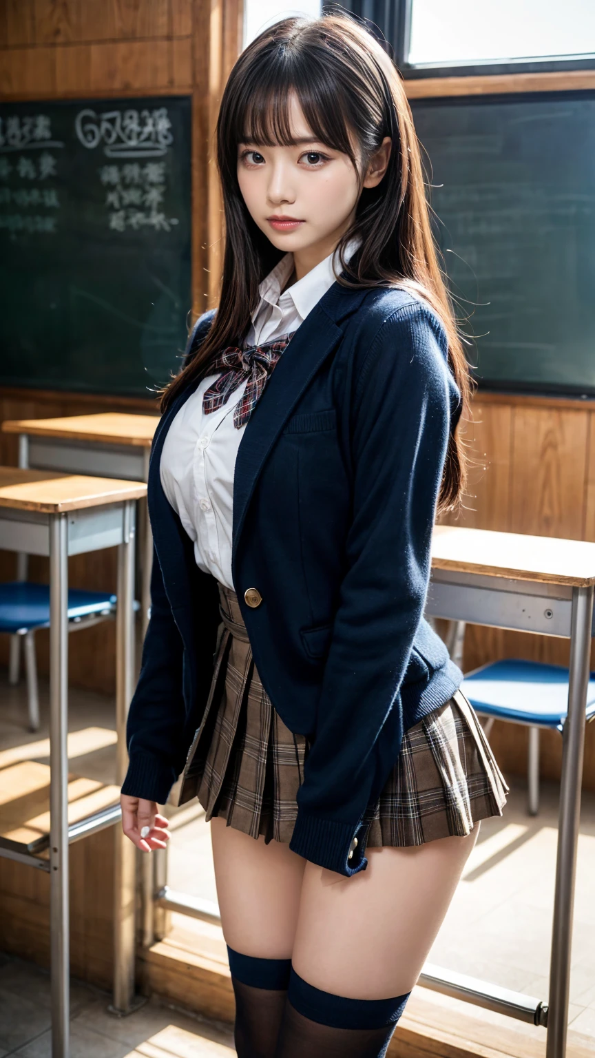 masterpiece, best quality, illustration, Super detailed, fine details, High resolution, 8K,wall paper, perfect dynamic composition,(Details High quality, realistic depiction of eyes:1.3), from side, High School Classroom、High school girl uniform、blazer 、Super Short Check Uniform Skirt、Navy blue high socks、garterbelts、Colossal tits、Disturbed uniform, long hair, black hair color, large breasts, Big Natural Color Lip, bold sexy pose, (perfect body shape), crying a little、cold gaze, Harajuku style、20 year old girl、cute type, beautiful legs, hposing Gravure Idol, Voluptuous thighs
