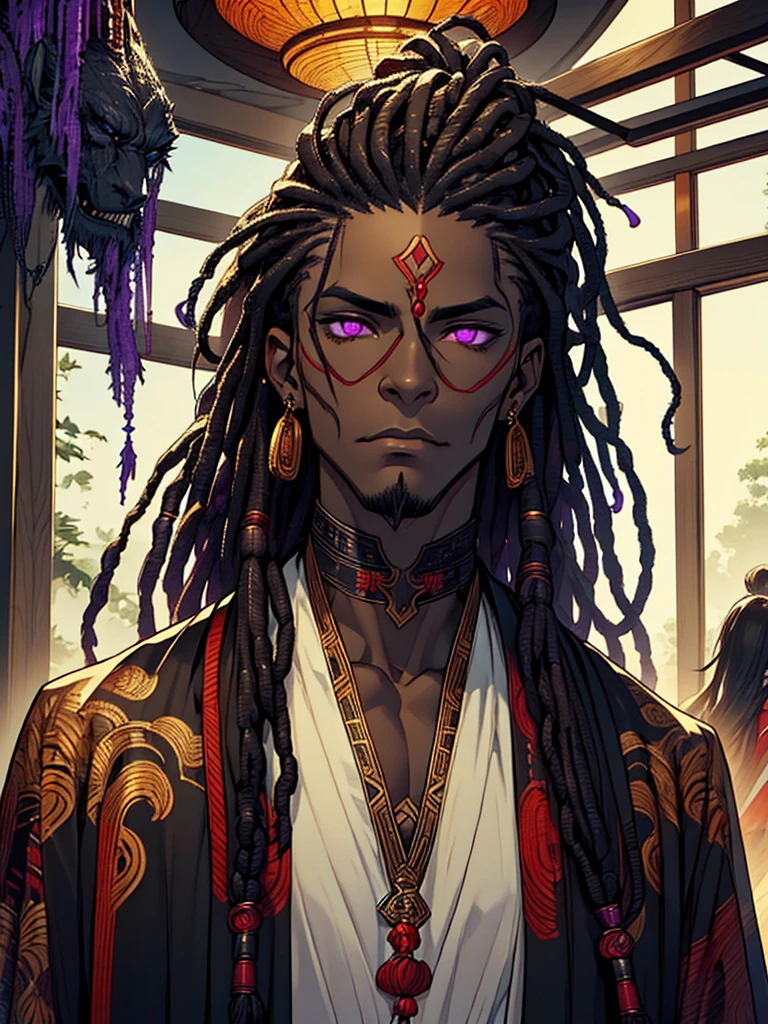 Dark, African American, MAN, indiffirent, powerful,mirroring, inverse,DEMON cunning,powerful oni,bewitching dreadlocks, dark clothing, dark armor, fantasy, gold purple and black color palette, determined deep purple eyes 