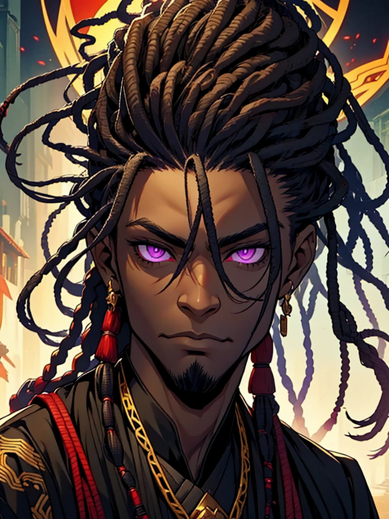 Dark, African American, MAN, indiffirent, powerful,mirroring, inverse,DEMON cunning,powerful oni,bewitching dreadlocks, dark clothing, dark armor, fantasy, gold purple and black color palette, determined deep purple eyes 