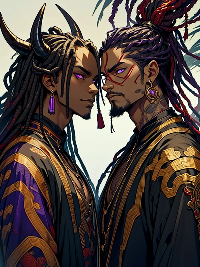 Dark, African American, MAN, indiffirent, powerful,mirroring, inverse,DEMON cunning,powerful oni,bewitching dreadlocks, dark clothing, dark armor, fantasy, gold purple and black color palette, determined deep purple eyes 