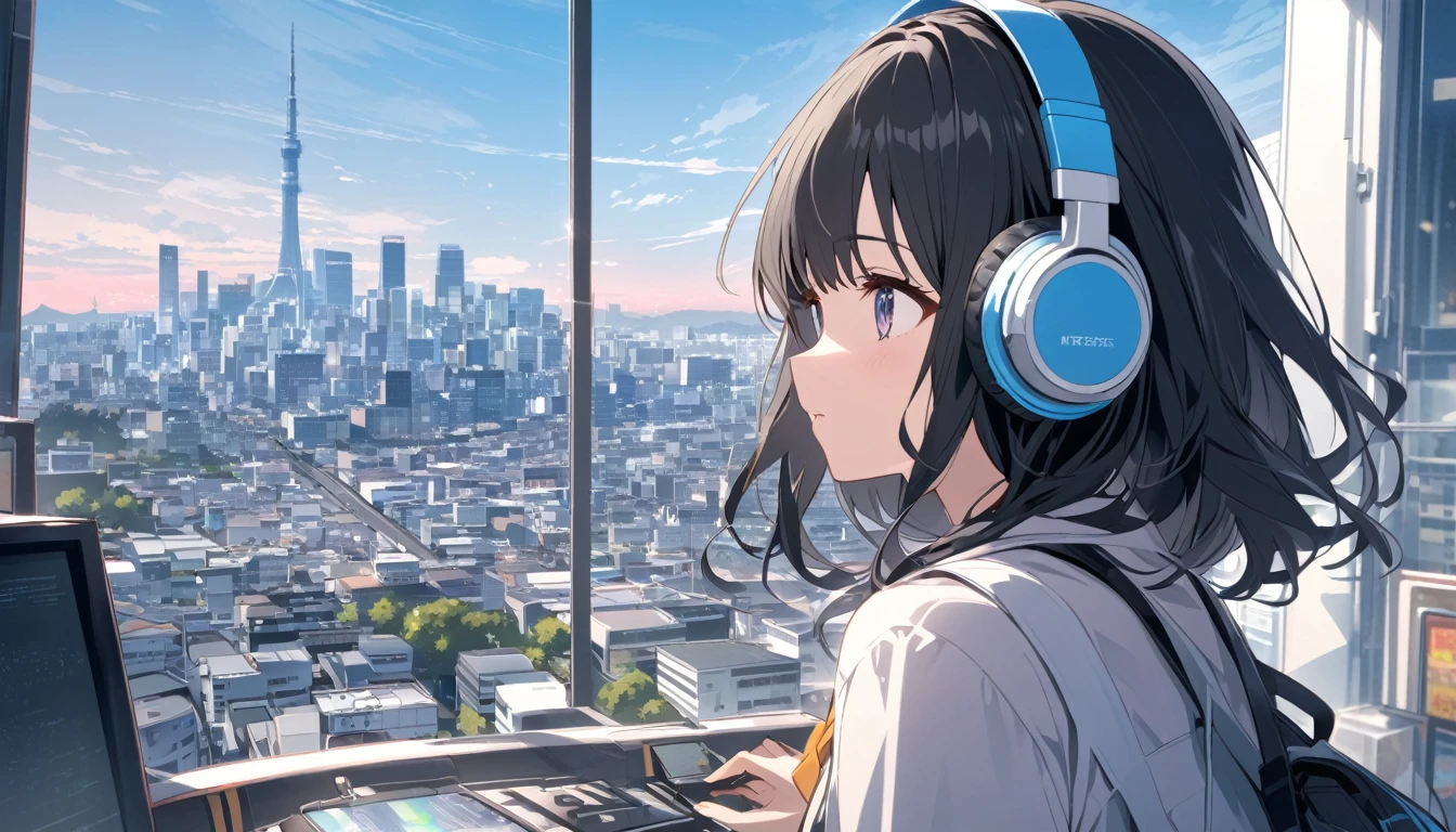 Black haired woman with headphones looking at the city of Tokyo,Streetscape、listen to music、Japanese