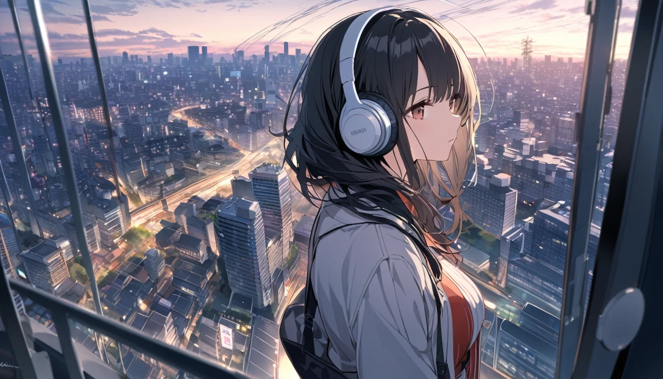 Black haired woman with headphones looking at the city of Tokyo,Streetscape、listen to music、Japanese