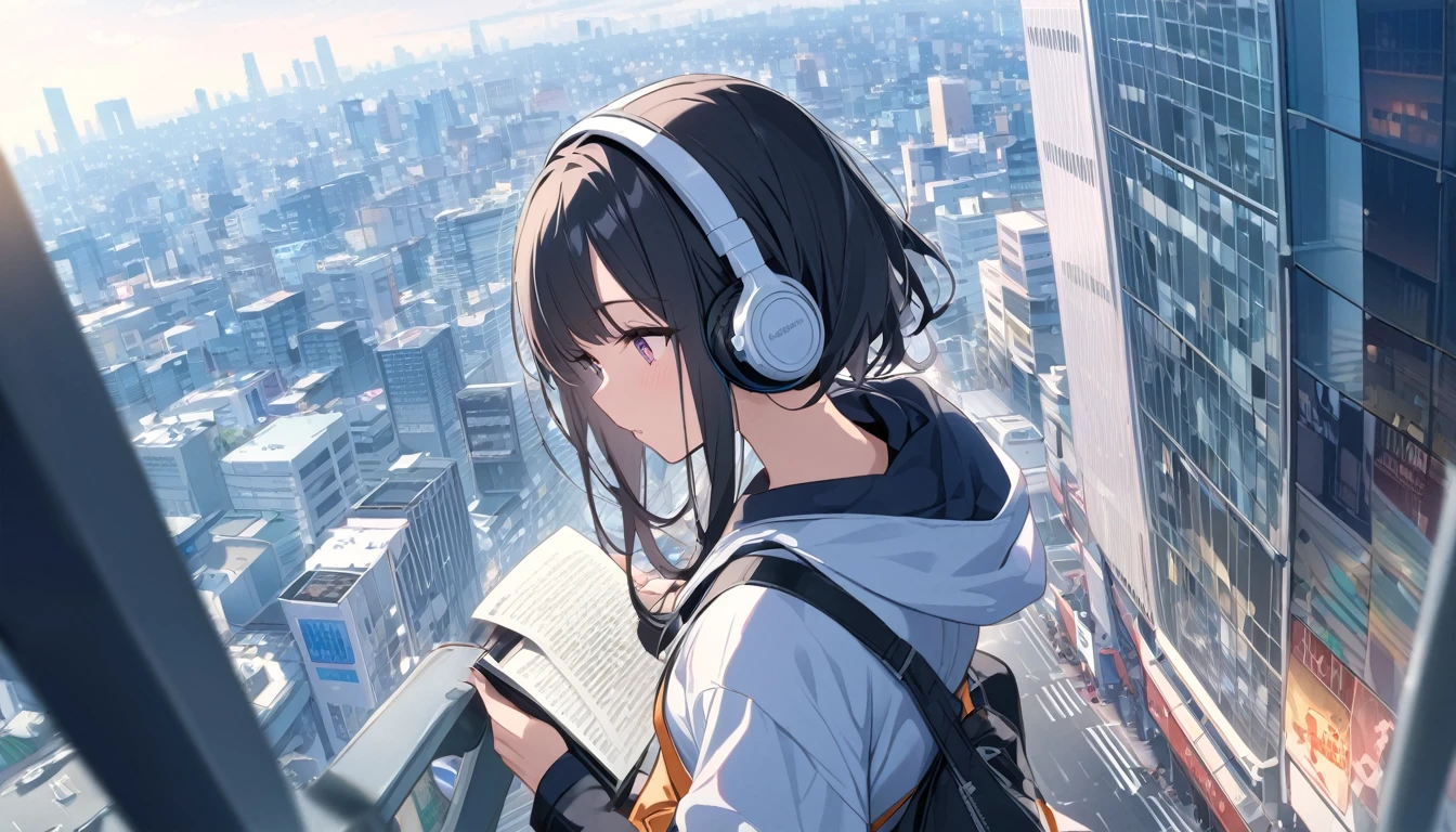 Black haired woman with headphones looking at the city of Tokyo,Streetscape、listen to music、Japanese