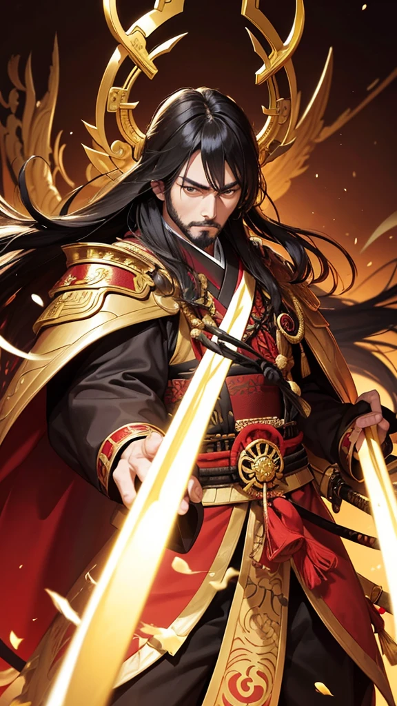 Create an image of Oda Nobunaga, a powerful and influential warlord of the Sengoku period. He stands confidently in the center of a traditional Japanese castle's grand hall, with a backdrop of ornate gold screens depicting fierce battles. Nobunaga is in his early 40s, with a sharp, intense gaze that reflects his ambitious and fearless nature. His face is stern, with a neatly trimmed short beard. He wears a resplendent set of samurai armor with intricate golden details, a symbol of his wealth and authority. Over his armor, he dons a crimson cape that flows behind him, enhancing his commanding presence. His helmet, adorned with a large pair of golden antlers, is placed beside him on a wooden stand. In his hand, he holds a katana with a beautifully crafted hilt, its blade reflecting the dim candlelight in the room. The atmosphere should convey a sense of power, ambition, and dominance, capturing Nobunaga’s relentless drive to unify Japan.