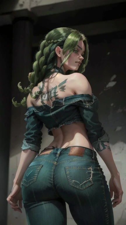 a girl standing alone, beautiful detailed eyes, beautiful detailed lips, extremely detailed face, longeyelashes, green eyes, smiling, closed mouth, looking back, wearing shorts jeans, simple background, viewed from behind