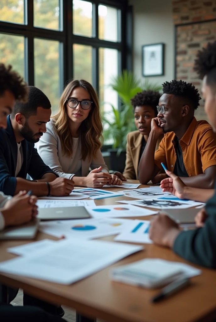 A Black American professional team brainstorming around a table with data charts and laptops open. Descriptive keywords: "teamwork, brainstorming, data charts." 35mm lens, natural lighting, enhanced clarity.