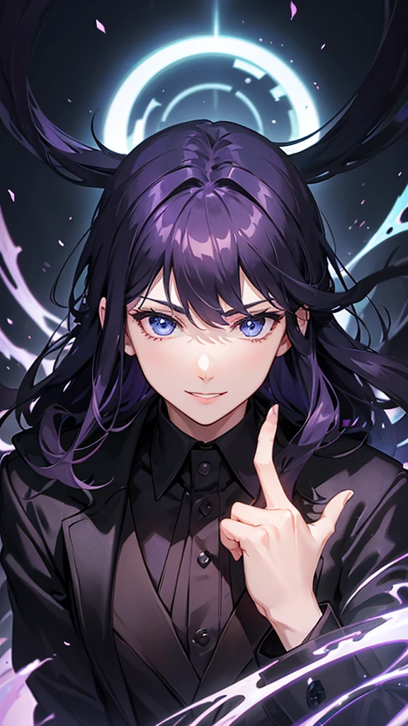 Guy with dark purple hair and dark blue sky eyes and black suit and black coat and smile in shadow with Index finger on lips