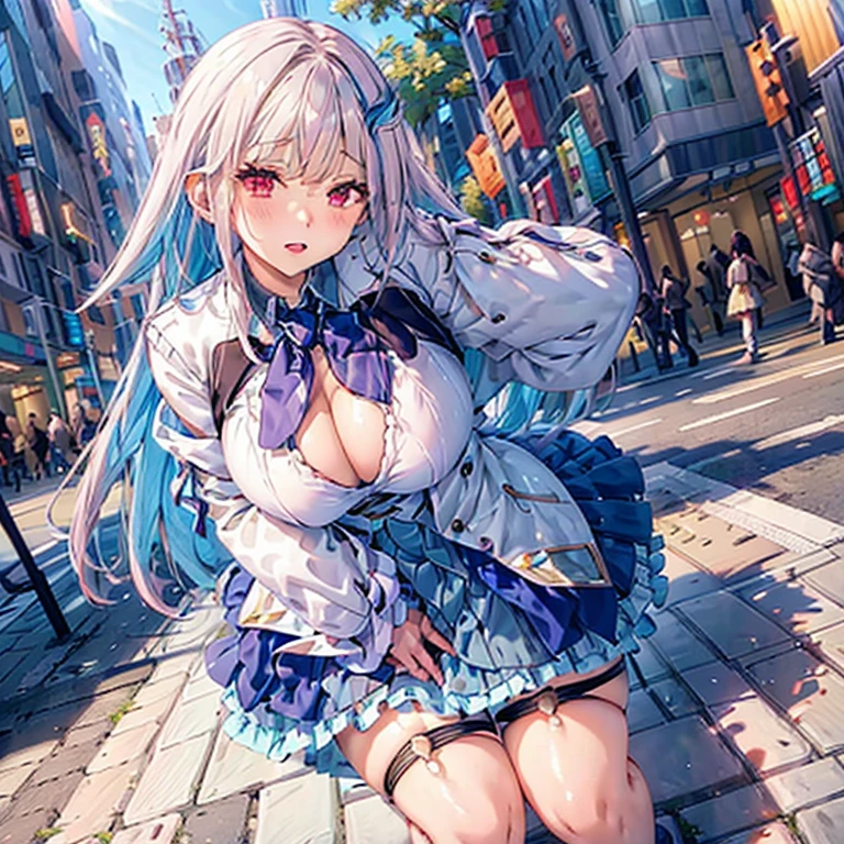 Highest quality, High resolution,(Ahegao),blush, (peeing self), lh1, hair ornamnet, long hair, long sleeves, pleated skirt, blue thighhighs, 手链, frilled skirt, white jacket, white shirt, blue skirt, thigh strap,(Anatomically correct), remote_vibrating,remote_play,Standing,(Hold your crotch with both hands),,Anatomically correct
