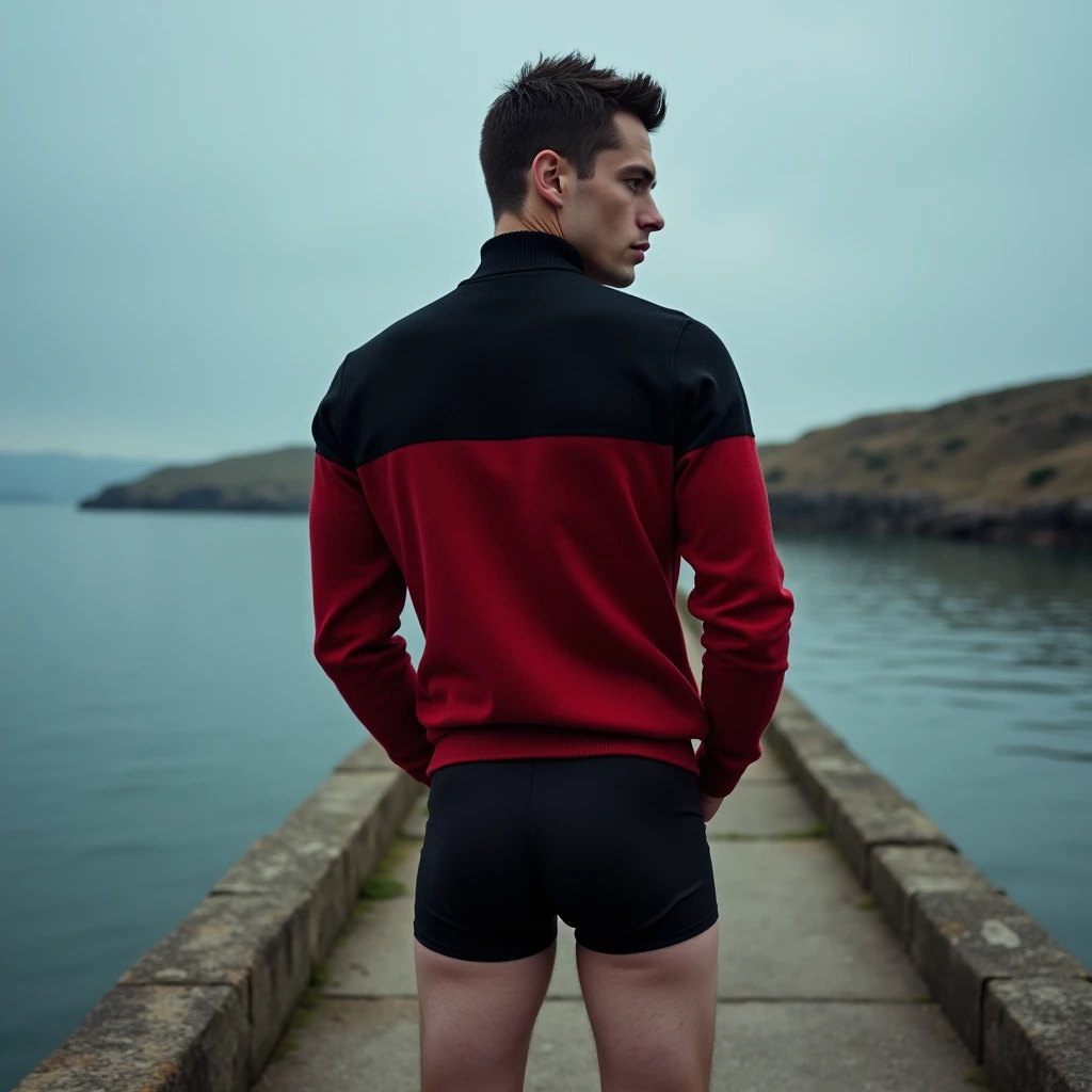 A white man, at 3, model type, with short dark hair, with blue eyes, wearing a red and black turtleneck sweater, wearing black boxers, standing backwards, looking at the camera and showing her ass on top of a stone pier on a lake in Alentejo