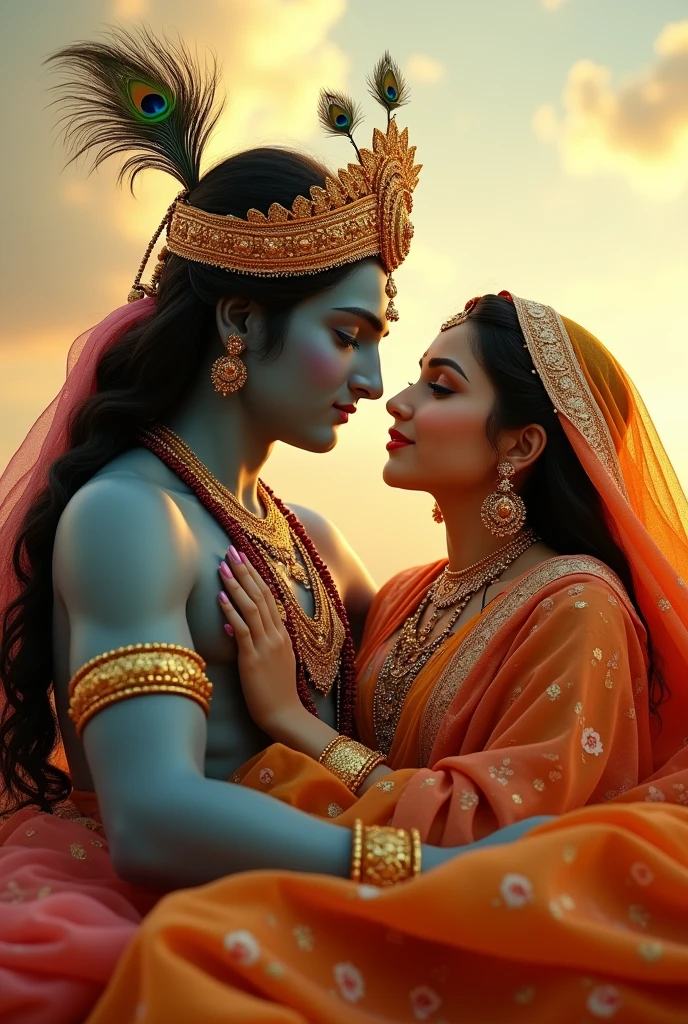 ((best quality)), ((masterpiece)), (detailed), perfect faceA golden fantasy portrait of Lord Krishna and his beloved radha in colorful soft cotton dress and a peacock crown. He has intricate patterns on his fabric and is a God with a soft heart . Radha and Krishna is captured full body in sky from a low angle, radha looking into his eyes while laying softly on krishna's chest on her back and slightly turn her head back to look into krishna's eyes, deep in love moment, image shows a divine story of thier forever love, a captivating gaze and a heartfelt cuddle. front pose, detailed faces, The background is a chaotic scene with splashes of kaleidoscopic colors. The golden sunlight casts a warm, alluring glow on the scene, highlighting their beautiful enigmatic presence. The overall ambiance is a blend of excitement, surrealism, and whimsy, minima, ultrarealistic, photoreal, cinematic shot with cinematic lighing effect on their bodies, enhancing the power and the epicness of the image.