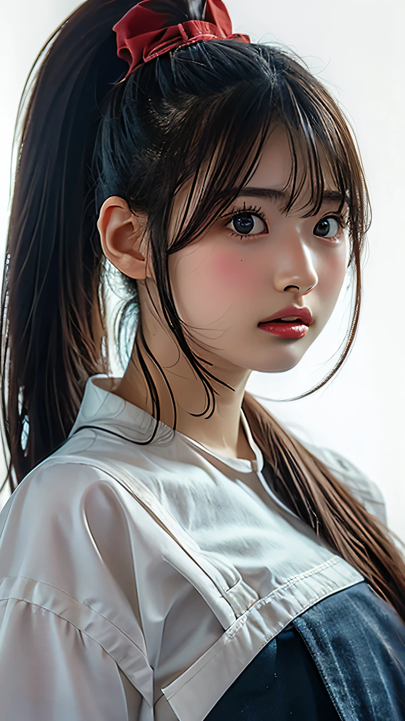 (Highest quality、Tabletop、　RAW quality、Best image quality、Award-winning works)、Extremely cute high school girl、けたWhite polyester collared shirt、Short sleeve:1.4)、(Navy Pleated Skirt:1.1)、Portrait of、Glowing Skin、Brown Hair、Are standing、Sculpture Pose、(The simplest pure white background:1.1)、(Extremely large face and larger breasts:1.8)、Accentuate your body lines:1.1)、Very large red ribbon tie、((High point ponytail:1.35))、smile、((naked))