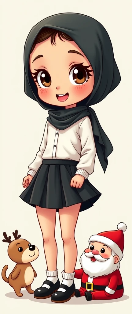 Cartoon with text: 
(Masterpiece, best quality, 4k, expressive eyes, perfect face), cute and adorable girl, little cartoon girl, (beautiful face, detailed eyes), wearing black hijab, (flat style,, hand drawn style, 2d style, Cartoon artstyle, toon style), (white shirt, black miniskirt, exposed legs, black socks, sketcher shoes, (full body view, Side view), ((perfect body anatomy, perfect legs, perfect posture)), standing next to Santa, santa pulling up her skirt, underwear, panties 