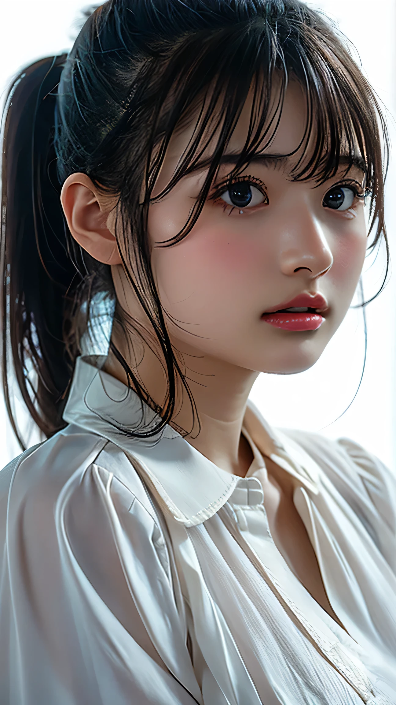 (Highest quality、Tabletop、 RAW quality、Best image quality、Award-winning works)、Extremely cute high school girl、けたWhite polyester collared shirt、Short sleeve:1.4)、(Navy Pleated Skirt:1.1)、Portrait of、Glowing Skin、Brown Hair、Are standing、Sculpture Pose、(The simplest pure white background:1.1)、(Extremely large face and larger breasts:1.8)、Accentuate your body lines:1.1)、Very large red ribbon tie、((High point ponytail:1.35))、smile、((naked))