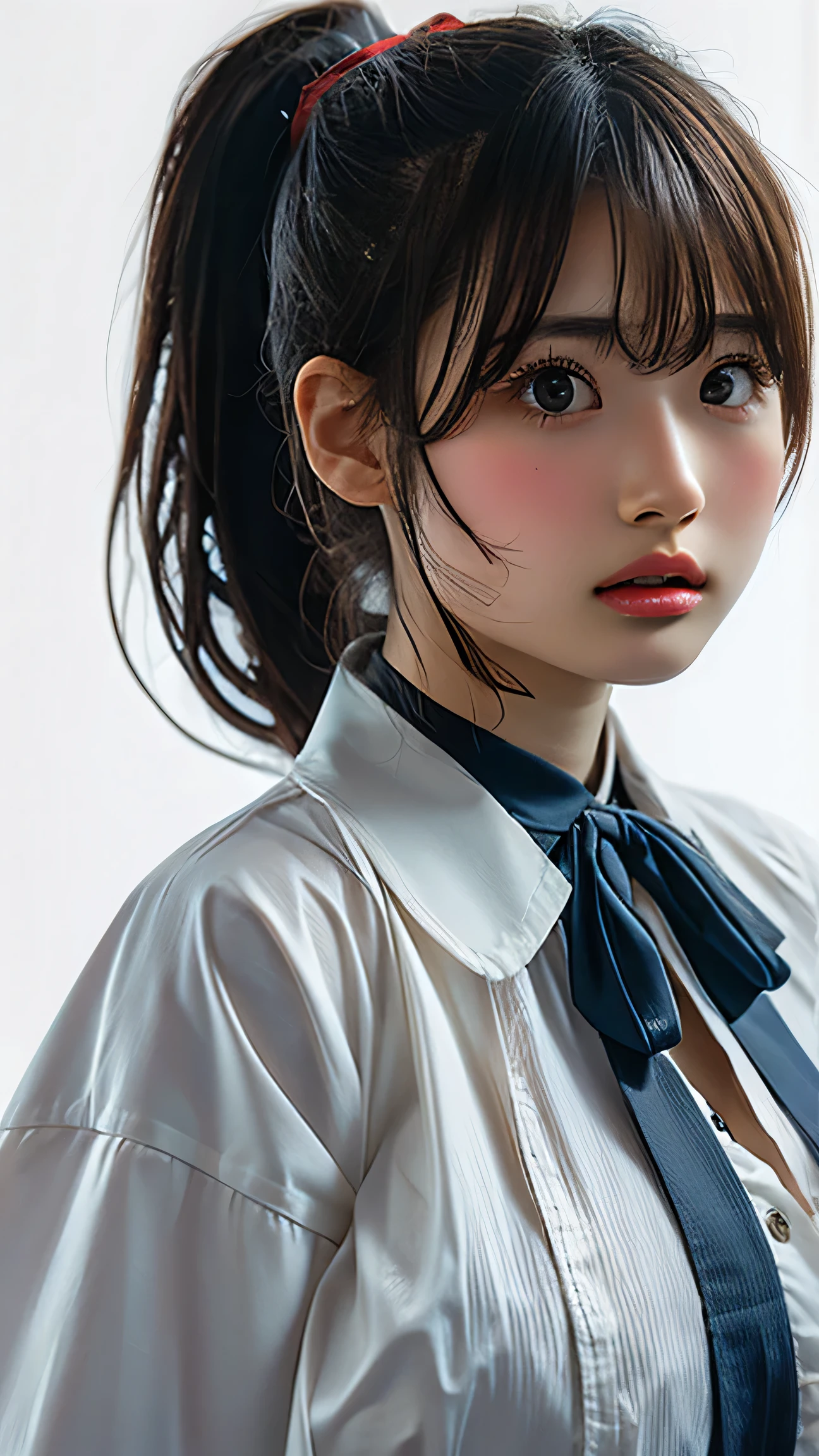 (Highest quality、Tabletop、、Best image quality、Award-winning works)、Cute school girl、けたWhite polyester collared shirt、Short sleeve:1.4)、(Navy Pleated Skirt:1.1)、Portrait of、Glowing Skin、Brown Hair、Are standing、Sculpture Pose、(The simplest pure white background:1.1)、(Extremely large face and larger breasts:1.8)、Accentuate your body lines:1.1)、Very large red ribbon tie、((High point ponytail:1.35))、smile、((naked))
