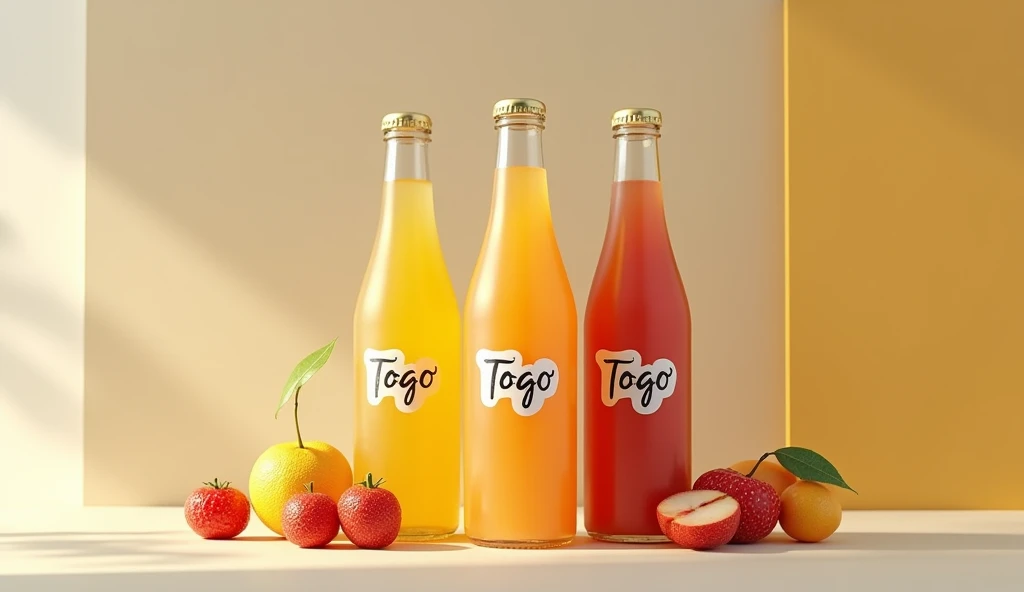 Modélise moi une image 3d de trois bouteilles de jus et quelques fruits posé au pied des bouteilles, avec le nom Togo Jus inscrit sur les étiquettes collé sur les bouteilles, dans un jolie décor de studio