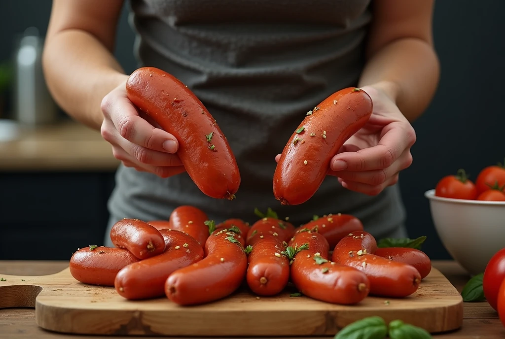 Heaps of food in both hands,muscular women Eating penis shaped sausage 　battle contest,in kitchen stadium,