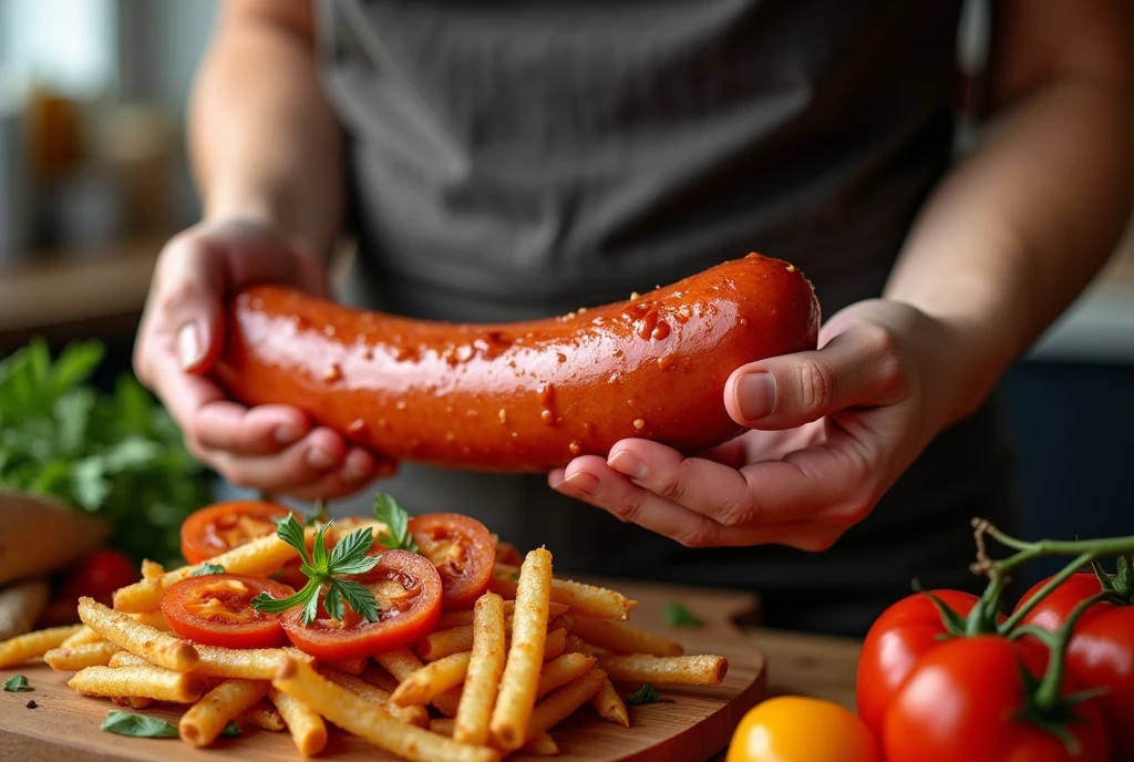 Heaps of food in both hands,muscular women Eating penis shaped sausage battle contest,in kitchen stadium,