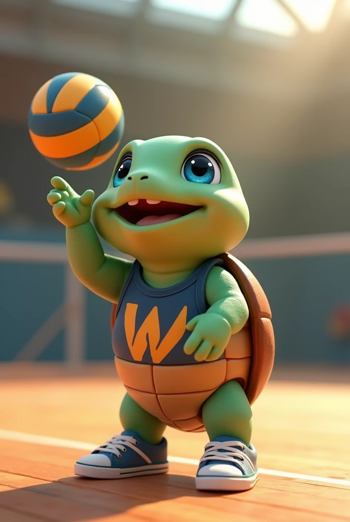 Waku, an adorable turtle with vibrant green skin and a rich brown shell, looks up with bright blue eyes shining with excitement, as if celebrating a triumphant spike, stands on a modern volleyball court covered with polished wooden floors, holding a volleyball in her hand, wearing a blue tank top with a stylized orange lowercase "W" logo on the chest, her tiny tennis shoes laced up and ready for the On the next serve, capturing the essence of its cheerful and competitive spirit, with soft, warm lighting casting a comforting glow on the overall scene.