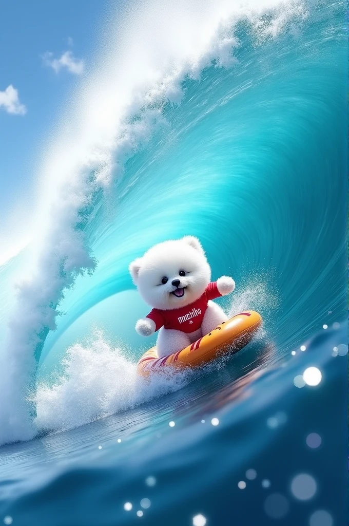 White haired Bichon Frise dog, Black muzzle and black eyes,He is wearing a red shirt with &quot;Mochiko&quot; written on it., Tube riding on big waves, Surfing at the 2024 Olympics,