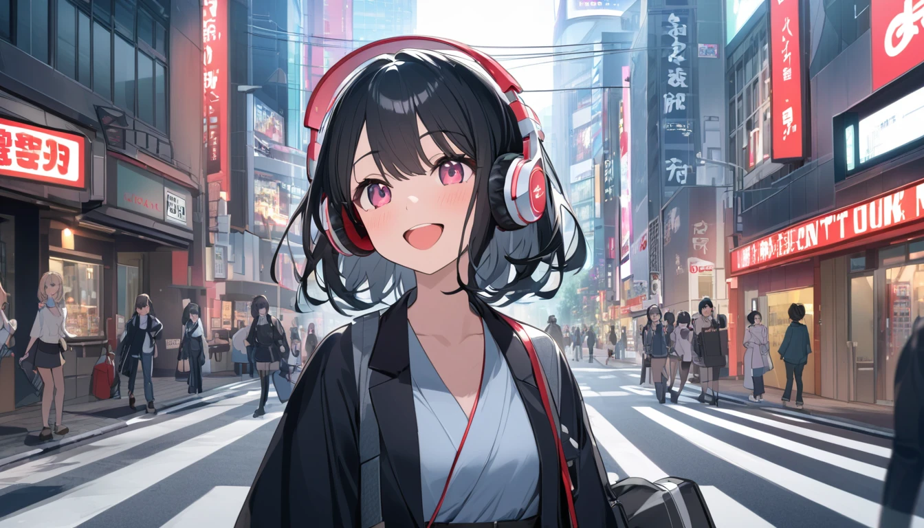 Smiling black-haired woman wearing headphones looking at the city of Tokyo,Streetscape、listen to music、Japanese、I can't open my mouth
