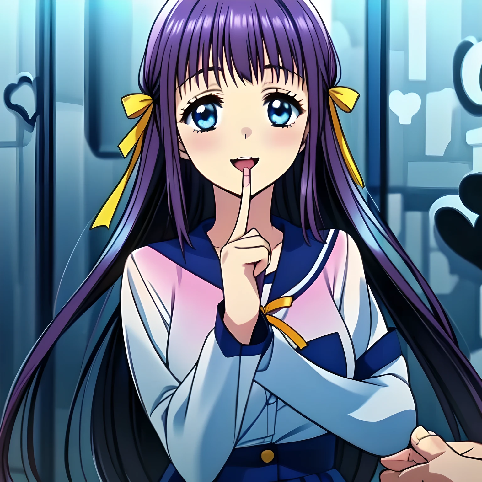 highest quality, (masterpiece:1.2), (A noble game heroine, beautiful noble intelligent heroine, Very detailed beautiful adult heroine's portrait of game CG, beautifully and artistically painted as cover of girl's magazine: 1.6), (She is turning quickly and looking at me: 1.6), (A girl whom everyone loves because of her beauty and lovely fashion and graceful personality and noble manner. A refined and elegant look like a noble princess. : 1.4), (In fact she is a very intelligent succubus, trying to charm, enslave and absorb me with deeply thought out intelligent strategy!: 1.0), (Very beautiful, wavy, cutely shining super-super-long blue hair, with elegant hair ribbons with very good smell of female pheromones: 1.4), (Laughing very beautiful and shining sapphire-blue intelligent eyes with very long eyelashes which charms and enslave me inevitably, with detailed very well: 1.6), (The elegant, slightly open mouth and glossy wet lips of an anime heroine: 1.0), (Noble, fully dark navy blue, neat sailor-styled one-piece blue school uniform, fully dark navy blue blouse, and neat elegant dark dark-navy-blue pleated skirt, with a big yellow noble ribbon on the chest: 1.4), (Large but well figured breast: 1.0), (Laughing at me, but that gives a heavenly feeling of happiness with beautiful and great smiley noble face: 1.2), (The wind is blowing: 0.8), (She is touching me with her beautiful fingers, chewing me and absorbing everything from me just now: 1.5), (Light blue background wallpaper with girly cute heart symbols: 1.4), (Full body shot: 1.0)