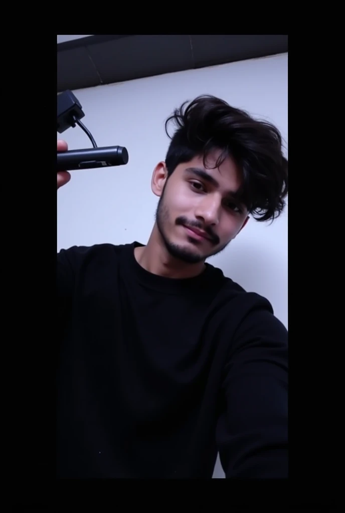 20 years old cute indian boy , taking selfie , white wall background , black tshirt , clean shave , no moustache