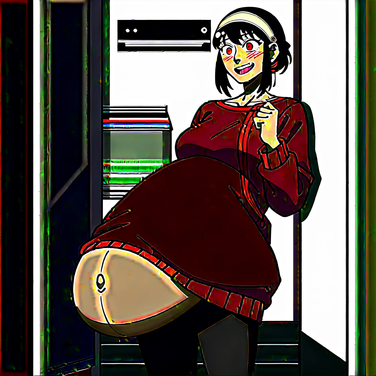 I look at the viewer, One, yorforger,1 girl, ((medium breast)), ((belly stuffed)), ((huge belly)), ((Very drunk)), ((staggers)), black hair, Red eyes, short hair with long strands, white hair band, from the shoulder, ((red sweater)), black tights, ((drank too much)), ((exhausted)), ((excited)), ((in front of the refrigerator)), ((Outdoor refrigerator)), ((lean on the fridge)),