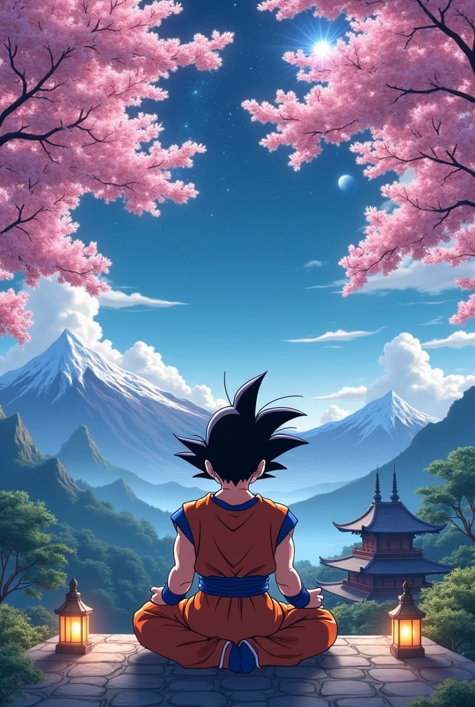 Son Goku praying under the sakura trees, mountains and trees, Buddha temples, night, beautiful view