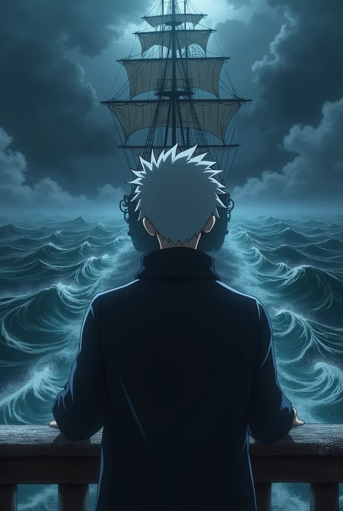 Sakata Gintoki from Gintama, boarded the Big pirate ship,Hands holding the ship's barrier,Standing at the edge of the ship's deck and looked at the sea.with feelings of sadness, resignation and a small smile challenging fate.There were ocean waves in side around and whirlpools far ahead. Almost carried away by the current, The sky was a thick, heavy storm. Night time.The picture was taken from the back side.