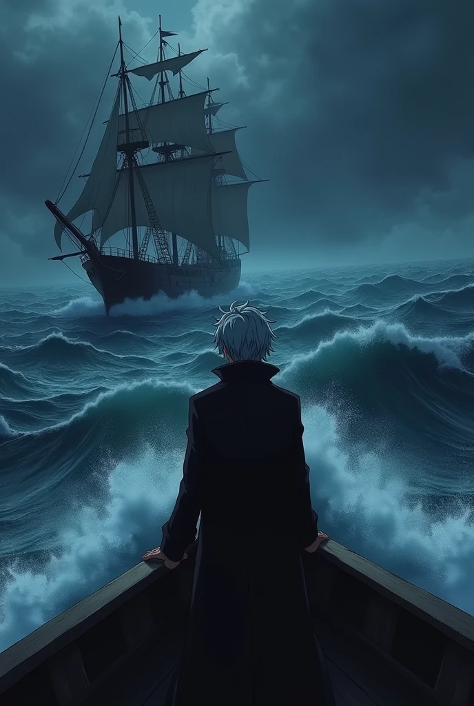 Sakata Gintoki from Gintama, boarded the Big pirate ship,Hands holding the ship's barrier,Standing at the edge of the ship's deck and looked at the sea.with feelings of sadness, resignation and a small smile challenging fate.There were ocean waves in side around and whirlpools far ahead. Almost carried away by the current, The sky was a thick, heavy storm. Night time.The picture was taken from the back side.