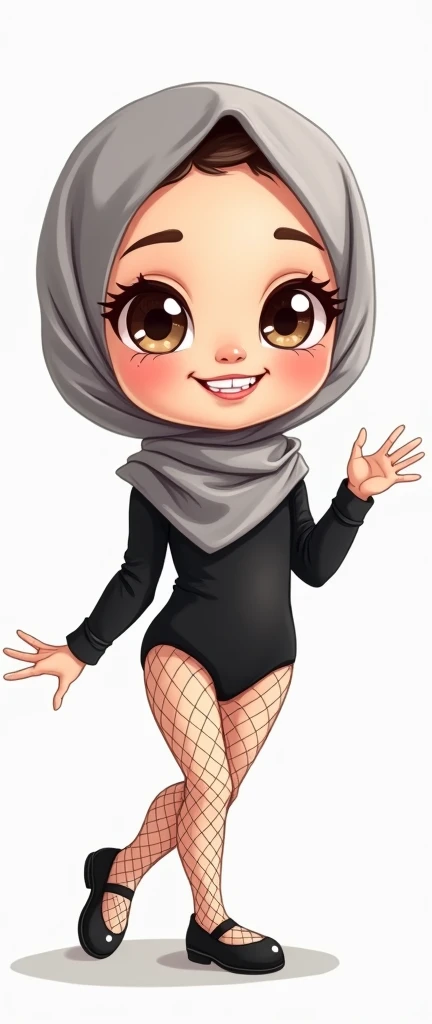 Cartoon with text:
(Masterpiece, best quality, 4k, expressive eyes, perfect face), cute and adorable girl, little cartoon girl, (beautiful face, detailed eyes), wearing grey hijab, (flat style,, hand drawn style, 2d style, Cartoon artstyle, toon style), (black leotard, fishnet stockings, ballet shoes), (full body view, funny pose)