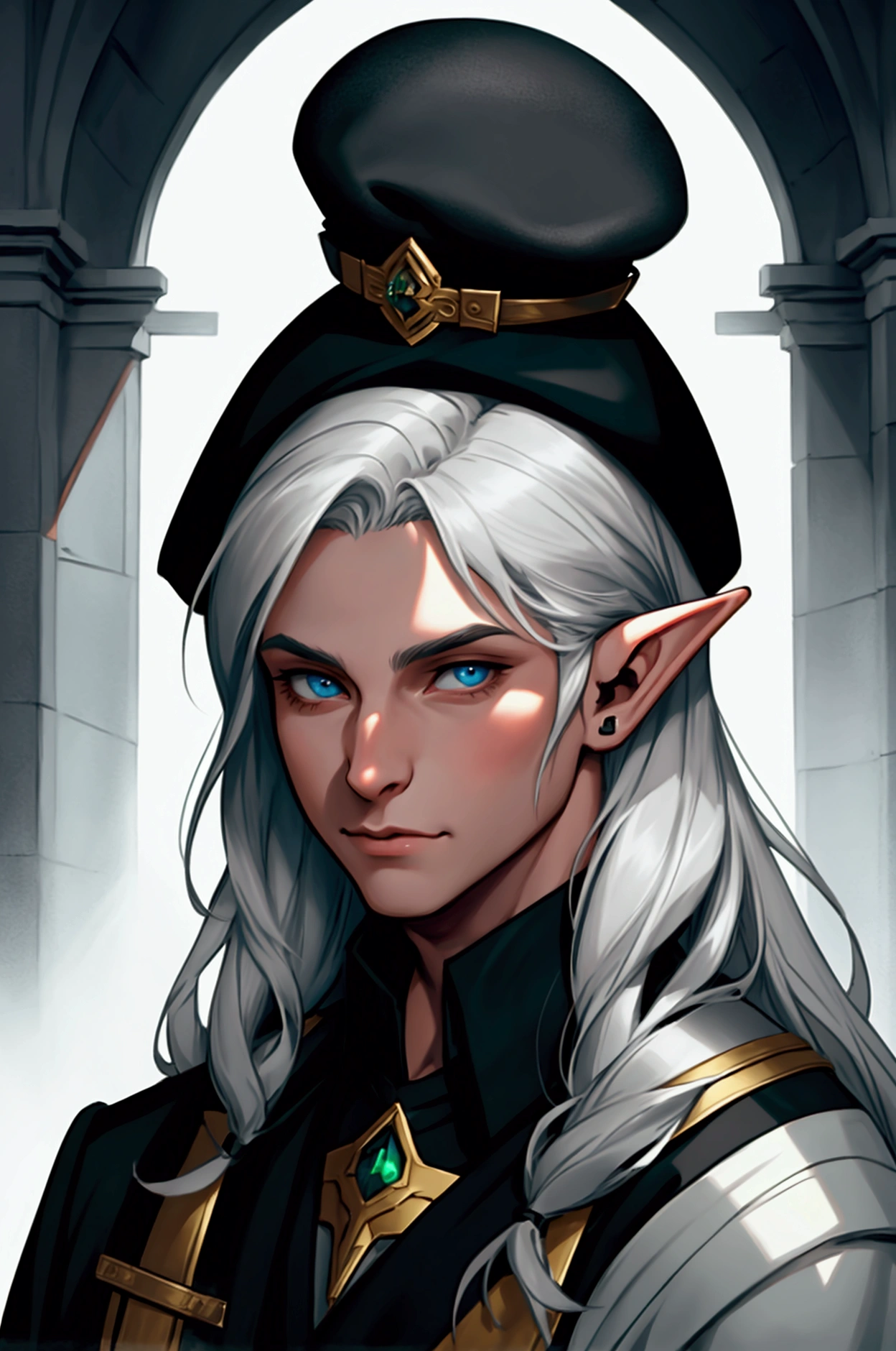 there is a man with a beret and a black coat, um retrato de personagem por Charlie Bowater, Artstation contest winner, digitl art, a portrait of a male elf, Cute male elf, a male elf, lindo drow, noble male elf in black robes, neoartcore e charlie bowater, silvery skinned male elf, portrait of a young black haired elf