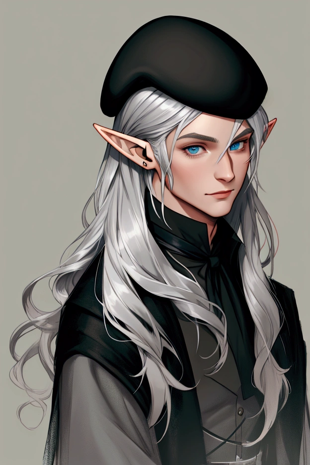 there is a man with a beret and a black coat, um retrato de personagem por Charlie Bowater, Artstation contest winner, digitl art, a portrait of a male elf, Cute male elf, a male elf, lindo drow, noble male elf in black robes, neoartcore e charlie bowater, silvery skinned male elf, portrait of a young black haired elf