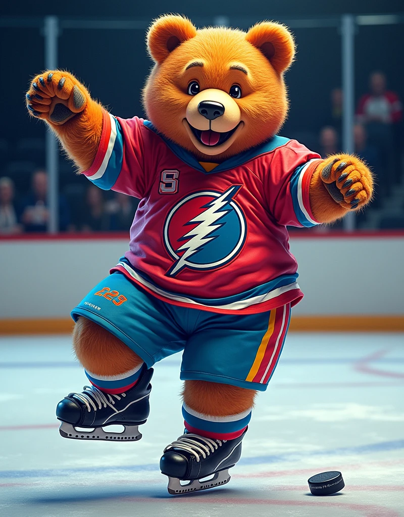 A colorful Grateful Dead-inspired bear in a playful dance pose, with elements that reflect an ice hockey theme. The bear is wearing an ice hockey uniform, its skates glinting from the reflected light. The uniform is decorated with ice hockey motifs, including a miniature hockey stick and puck. Please focus only on the bear, without including any stadiums or related backgrounds