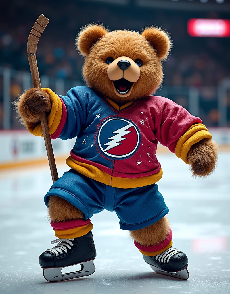 A colorful Grateful Dead-inspired bear in a playful dance pose, with elements that reflect an ice hockey theme. The bear is wearing an ice hockey uniform, its skates glinting from the reflected light. The uniform is decorated with ice hockey motifs, including a miniature hockey stick and puck. Please focus only on the bear, without including any stadiums or related backgrounds