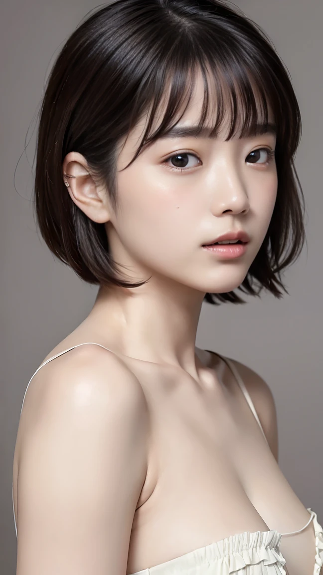 (Highest quality:1.4),(masterpiece:1.4),(Realistic:1.4),(Realistic:1.2),(超High resolution, RAW Photos:1.4),(High resolution, Very detailed:1.2),(8k:1.2),photograph,a photo of a dark-haired,Her hairstyle is a short bob with bangs..,one person's,alone,(In underwear),((Upper Body:1.3)), (Big Breasts:1.0), (middle breast wheel:0.5), (Small nipples:1.0)