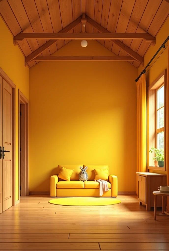 Kedtou inside a wooden house where the living room is yellow with a sofa, curtains, half the wall, all yellow with a wooden floor, wooden ceiling and there are three doors, one on my side, another on the left side and further ahead there is one on the right side. 
