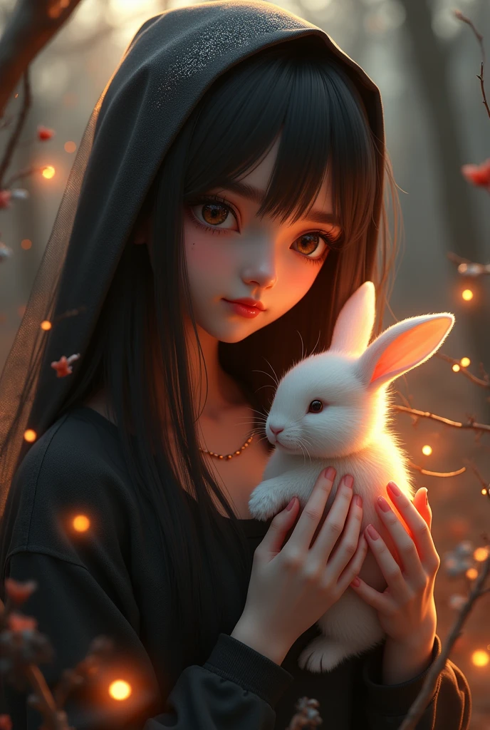 awesome reflections, autumn style，Best reflections. (Very Detailed CG unity wallpaper 8k), (Best Quality), (best illustrations), (best shadows), (night gloomy background, Gloomy and hopeless, dark dramatic lighting, vignette), realistic eyes, beautiful face, 1A girl with a perfect body, with a white rabbit in his hands, with long, straight hair, Generous neckline, She wears a veil with a hood on her head, ((perfect anatomy)), Gothic, burnt orange gradient, surrounded by tender leaves and branches, with fireflies and glowing particle effects, (natural elements), (leaves), (small firewood), (Fireflies), butterflies, (Tender leaves), (glow), (particle fx). , Fantasy Art, bokeh, Octane rendering, ray tracing, Overdetailing. terror, Fantastic, creepy, Scarimok a feeling of sophistication and tranquility.. The overall aesthetic should be elegant and stylish.., making it suitable for branding and logos..